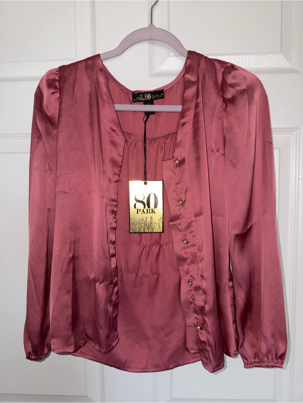 NWT 80 Park Rose Satin Button Front Blouse PXS Puff Sleeve
